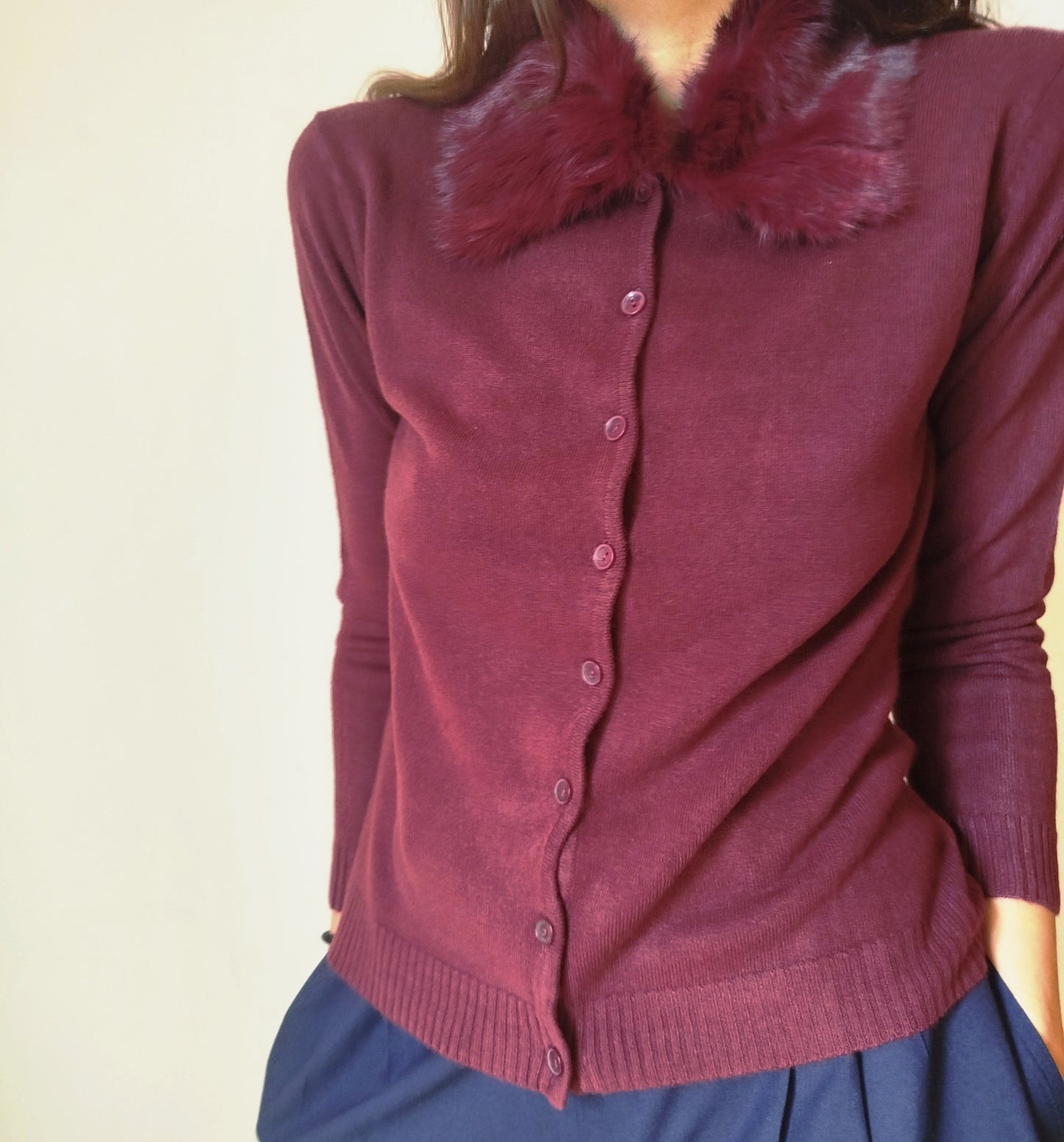 Cardigan Borgogna collo pelliccia