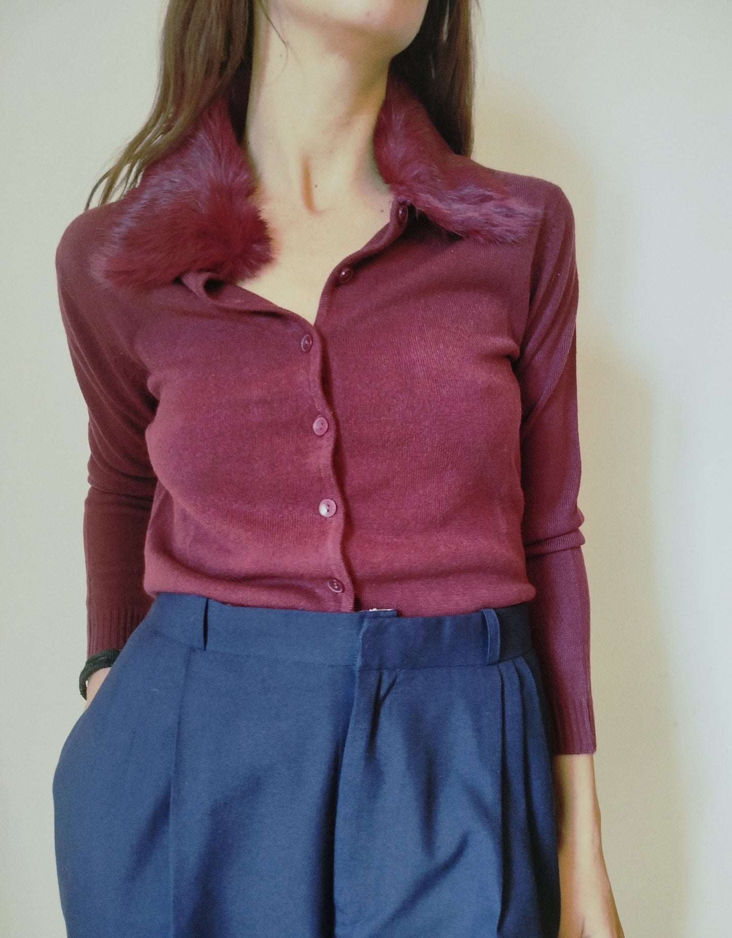 Cardigan Borgogna collo pelliccia